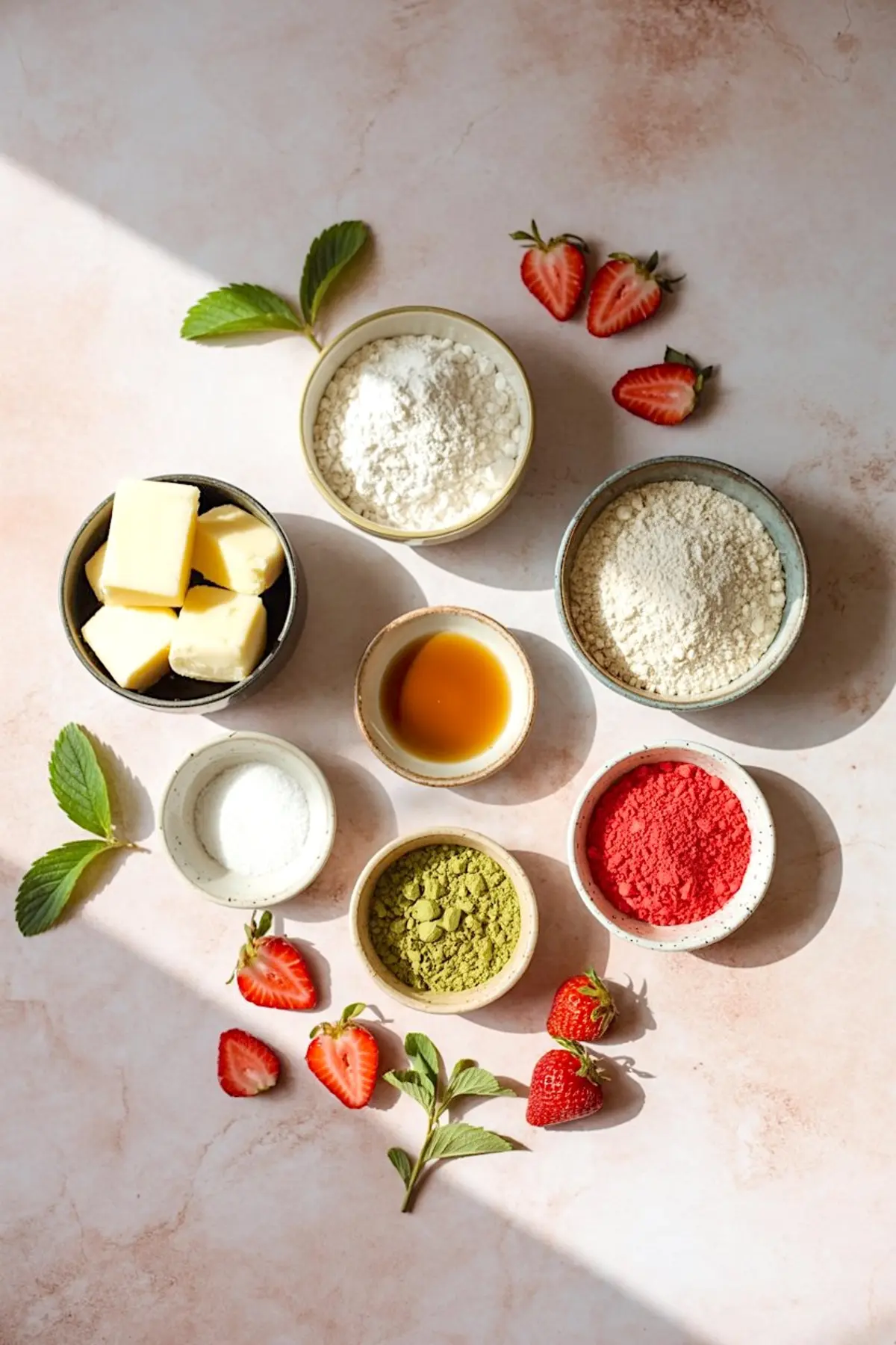 Flat lay of shortbread cookie ingredients including butter, flour, matcha powder, strawberry powder, sugar, vanilla extract, and fresh strawberries on a blush pink surface.