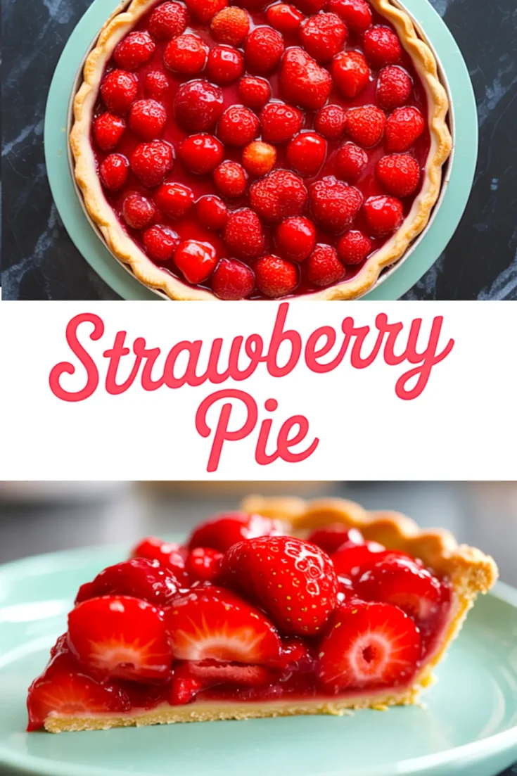 Collage image of a whole strawberry pie and a slice of pie with cross-section showing strawberry halves, red glaze, and golden crust, featuring “Strawberry Pie” text in pink.