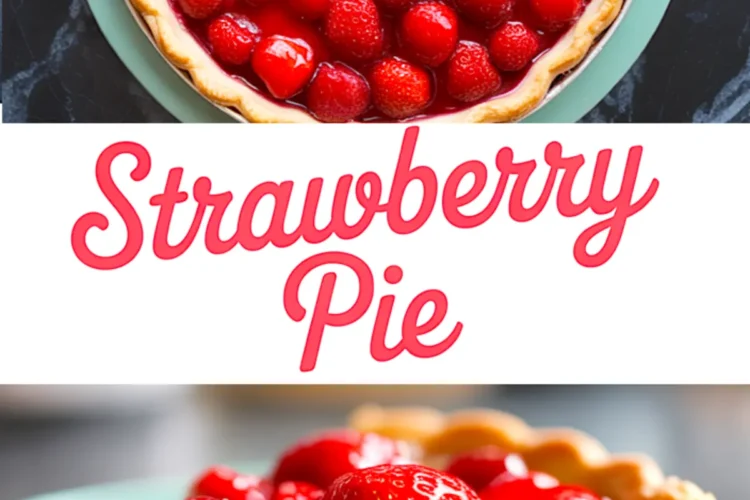 Collage image of a whole strawberry pie and a slice of pie with cross-section showing strawberry halves, red glaze, and golden crust, featuring “Strawberry Pie” text in pink.