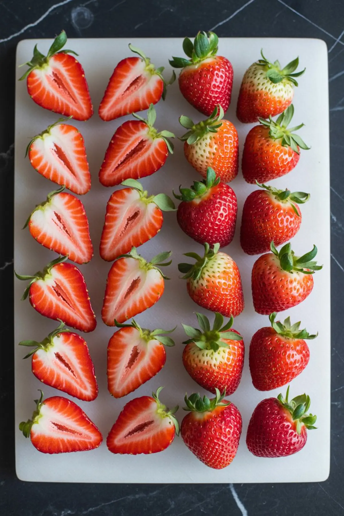 Neatly arranged whole and halved strawberries lined up in rows on a white cutting board for pie or dessert prep.