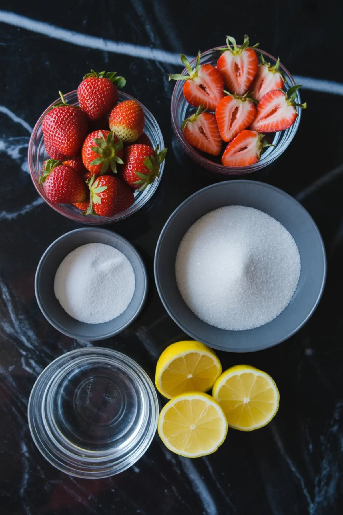 Overhead view of fresh strawberries, halved strawberries, granulated sugar, lemon halves, and water in bowls on a black marble surface, showing ingredients for a strawberry dessert or pie.
