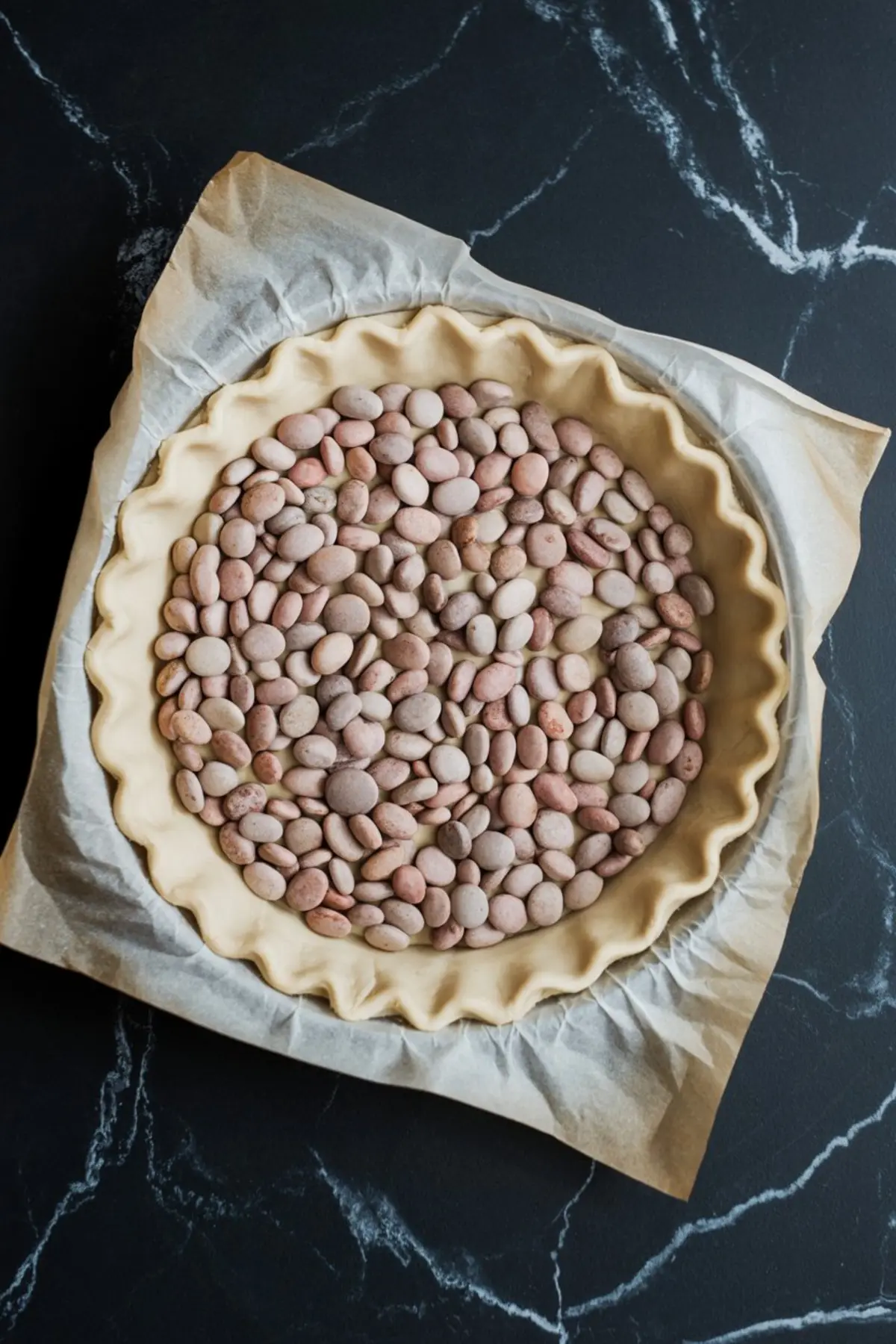Unbaked pie crust lined with parchment paper and filled with dried beans for blind baking, placed on a black marble countertop.