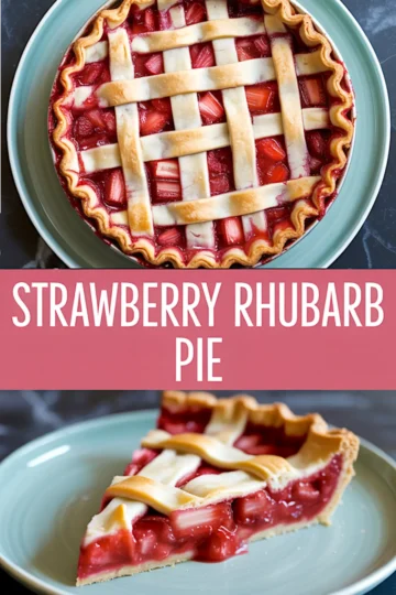 Two-photo collage of baked strawberry rhubarb pie with lattice crust and a slice on a green plate, labeled with "Strawberry Rhubarb Pie".