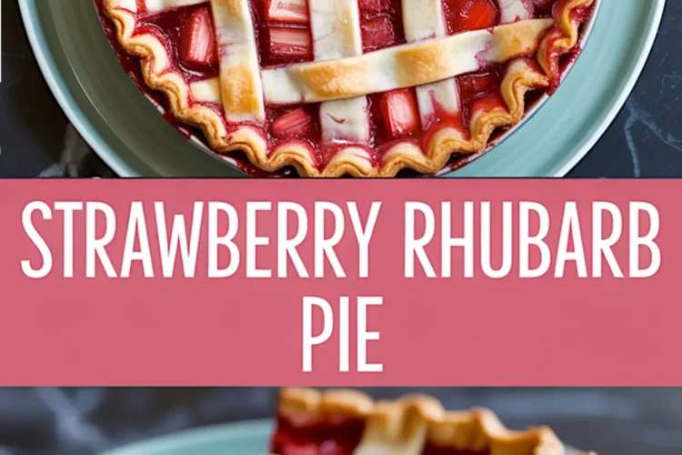 Two-photo collage of baked strawberry rhubarb pie with lattice crust and a slice on a green plate, labeled with "Strawberry Rhubarb Pie".