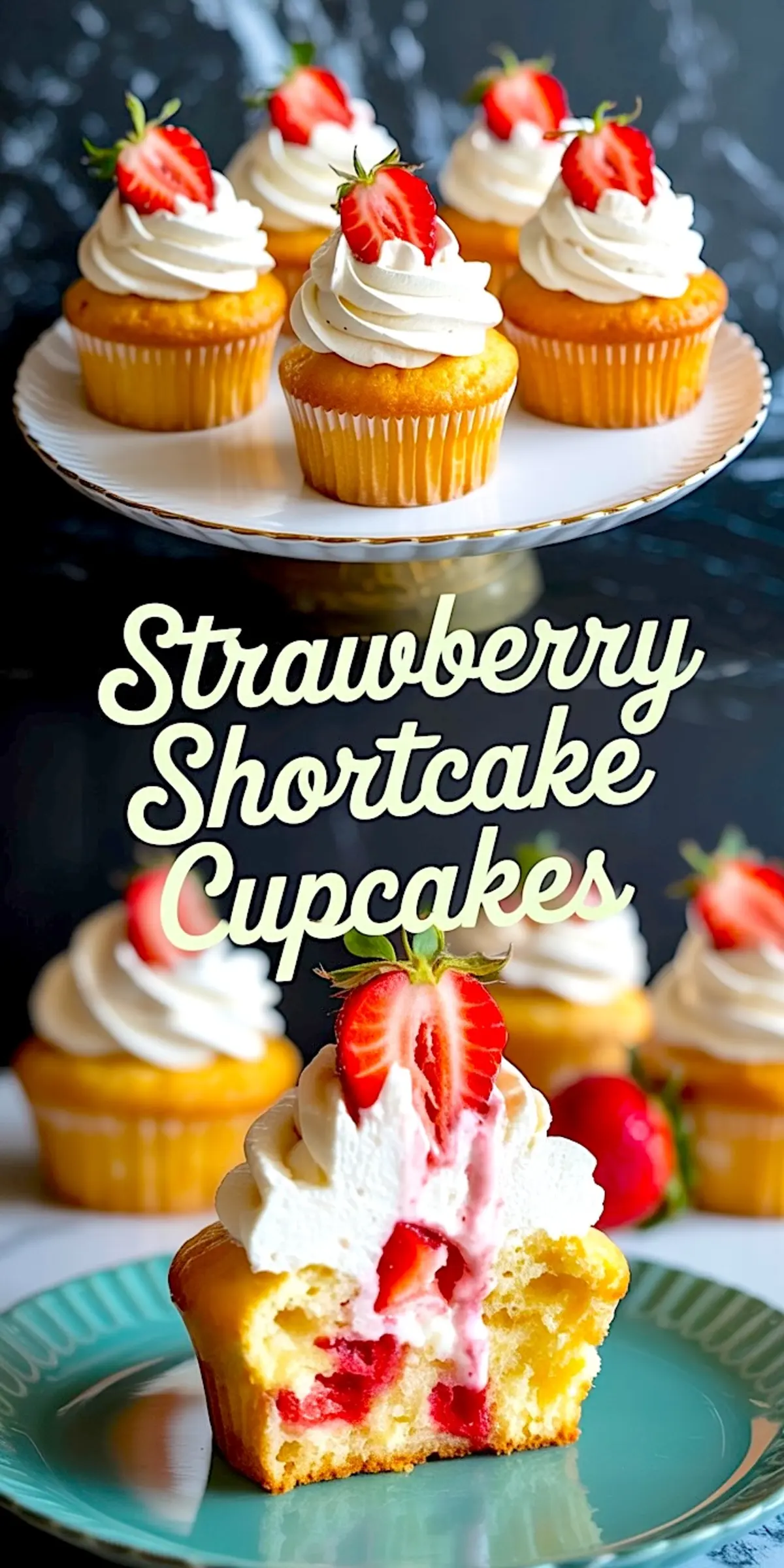 Collage image of golden strawberry shortcake cupcakes topped with piped whipped cream and fresh halved strawberries, with one cut open to reveal a juicy strawberry filling and labeled “Strawberry Shortcake Cupcakes.”