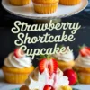 Collage image showing strawberry shortcake cupcakes decorated with swirls of whipped cream and sliced strawberries, featuring a halved cupcake on a green plate with the text “Strawberry Shortcake Cupcakes.”