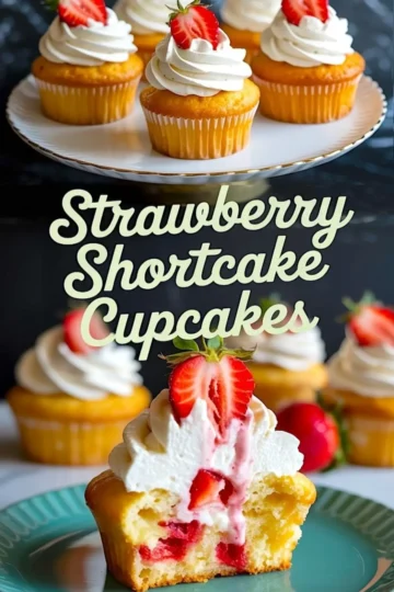 Collage image showing strawberry shortcake cupcakes decorated with swirls of whipped cream and sliced strawberries, featuring a halved cupcake on a green plate with the text “Strawberry Shortcake Cupcakes.”