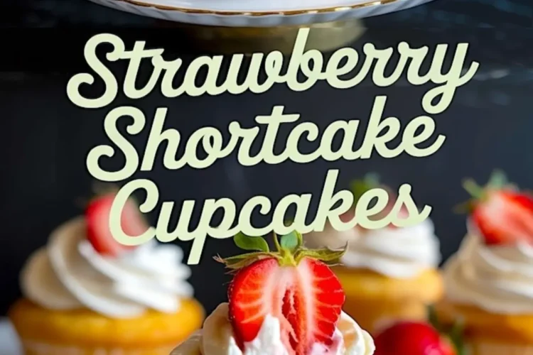 Collage image showing strawberry shortcake cupcakes decorated with swirls of whipped cream and sliced strawberries, featuring a halved cupcake on a green plate with the text “Strawberry Shortcake Cupcakes.”