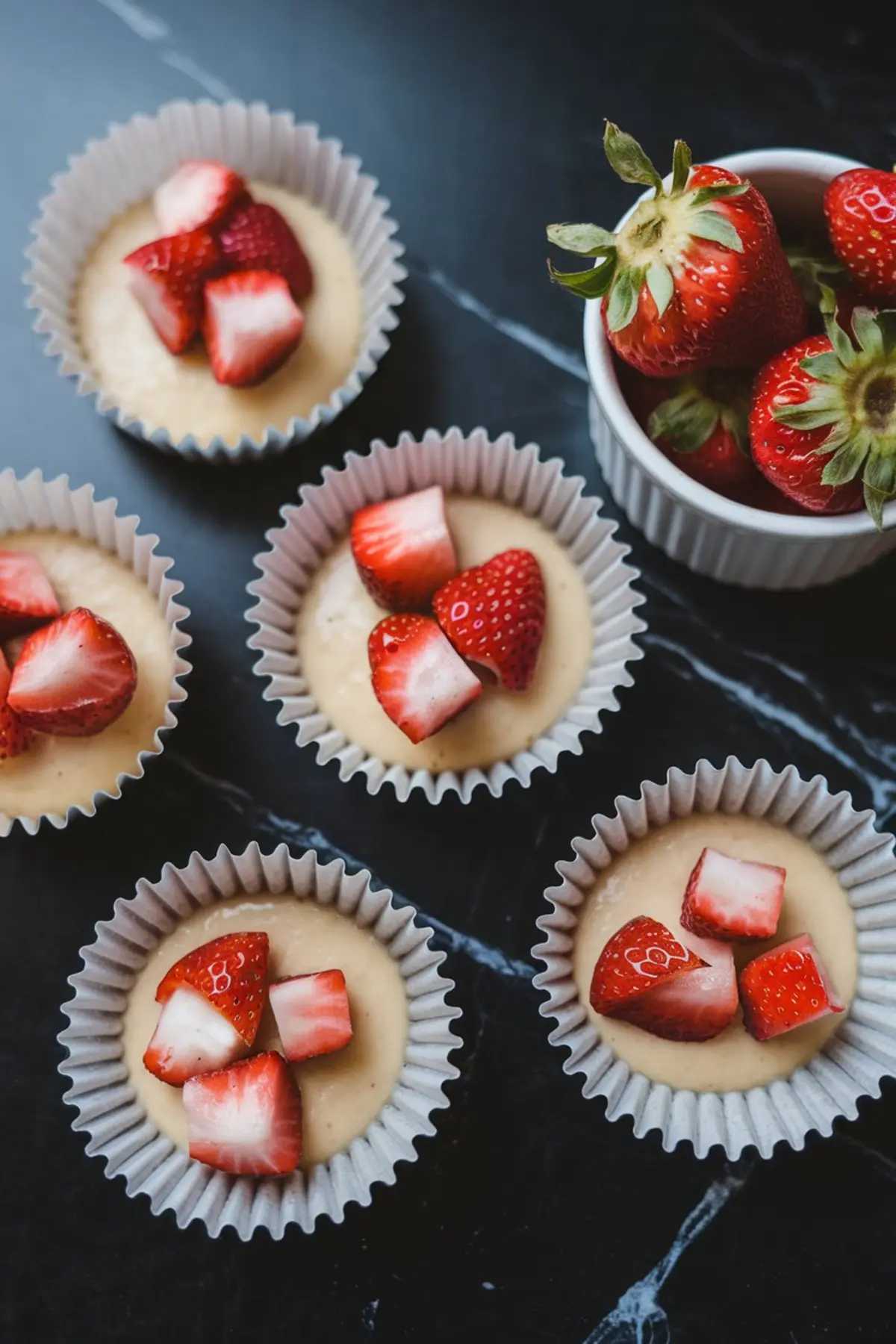 Unbaked strawberry shortcake cupcakes in paper liners filled with batter and topped with chopped fresh strawberries, arranged on a dark marble countertop next to a ramekin of whole strawberries.