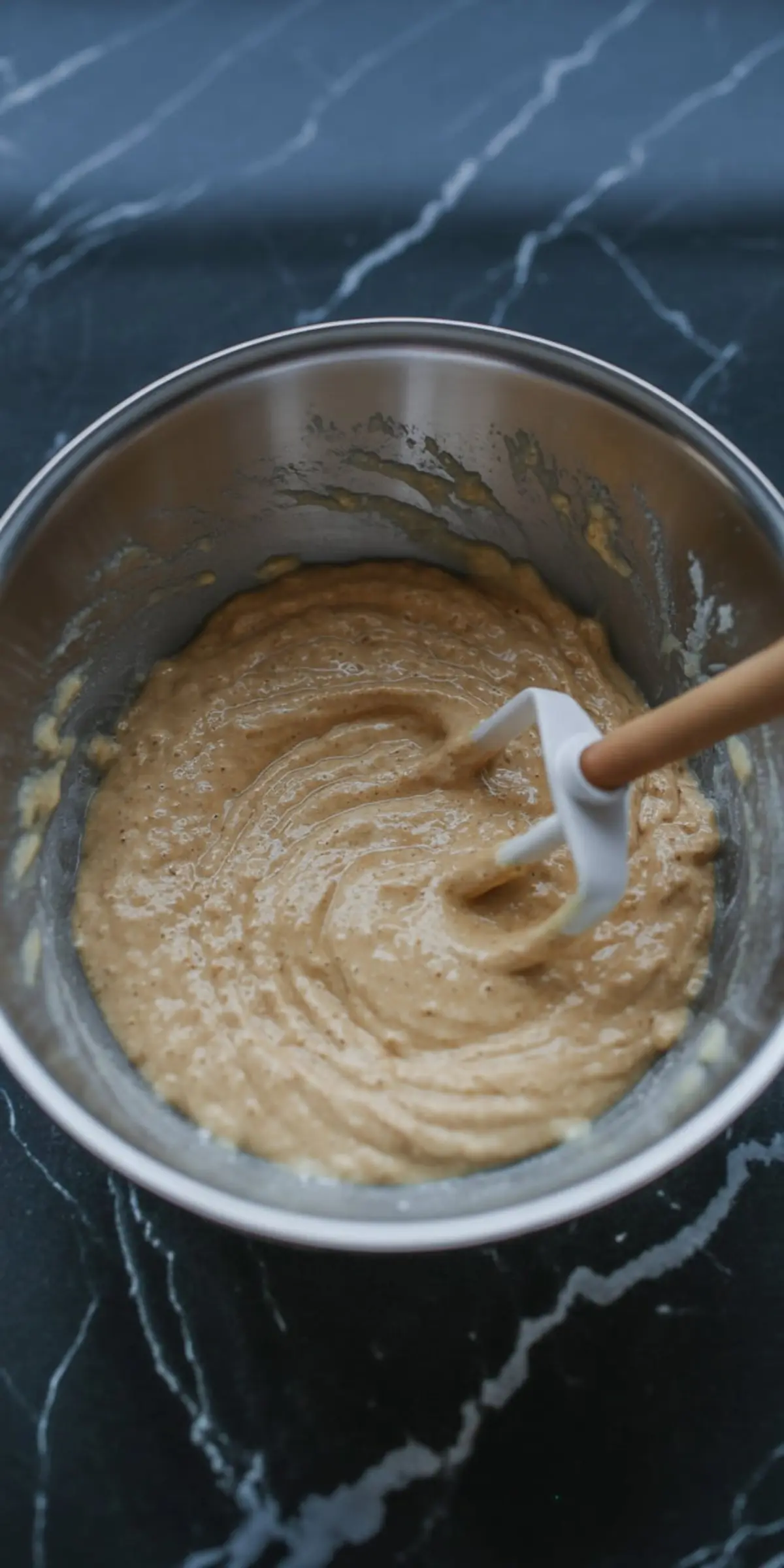 A metal mixing bowl filled with strawberry cupcake batter being stirred with a white silicone spatula, set on a dark marble surface.