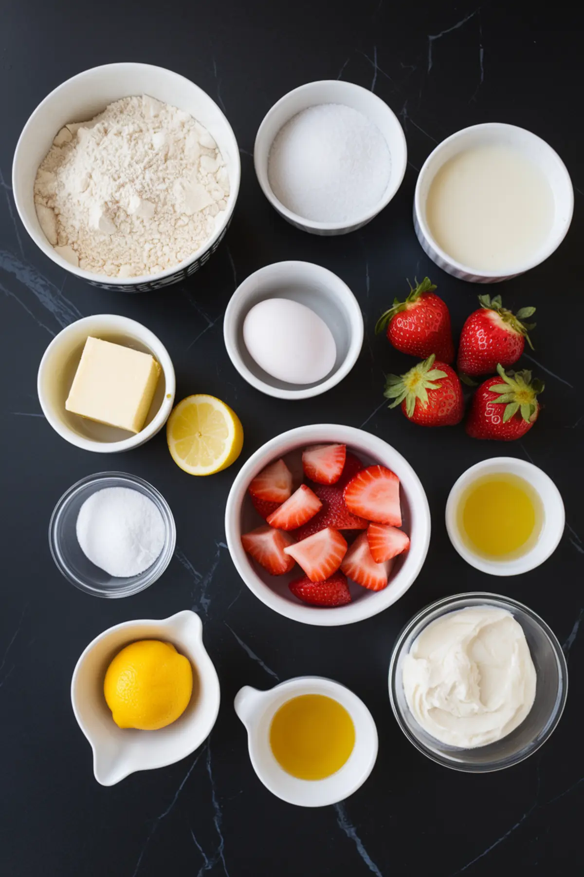 Overhead view of individual strawberry shortcake cupcake ingredients arranged in bowls on a dark surface, including flour, sugar, strawberries, egg, butter, lemon, yogurt, and vanilla extract.