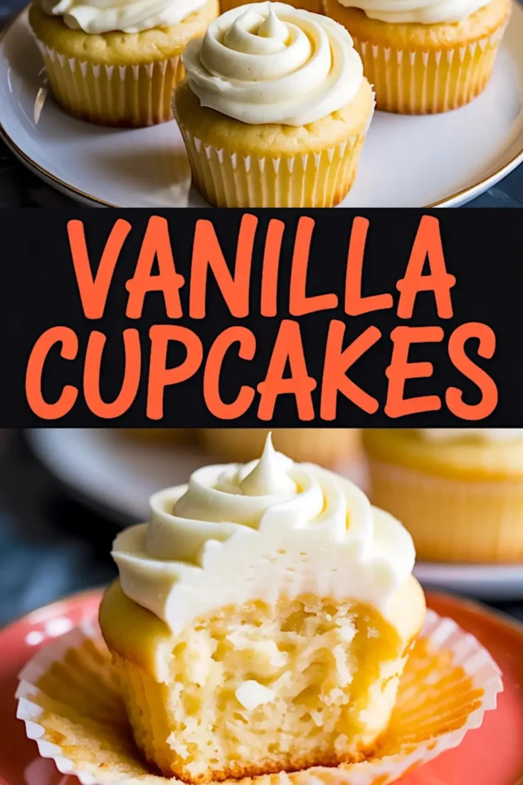 Collage of vanilla cupcakes showcasing finished cupcakes with swirled buttercream frosting on a plate, and a close-up of a moist cupcake with a bite taken out, revealing its fluffy texture. Bold “Vanilla Cupcakes” text displayed in the center. Ideal for baking inspiration, dessert recipes, and sweet treat ideas.