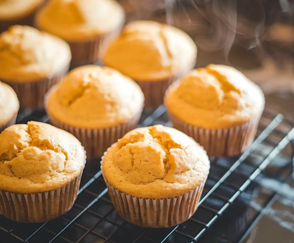 Freshly baked vanilla cupcakes cooling on a wire rack, showing golden-brown tops with light cracks, indicating fluffy and tender interiors. Captures the baking process stage for homemade cupcakes.
