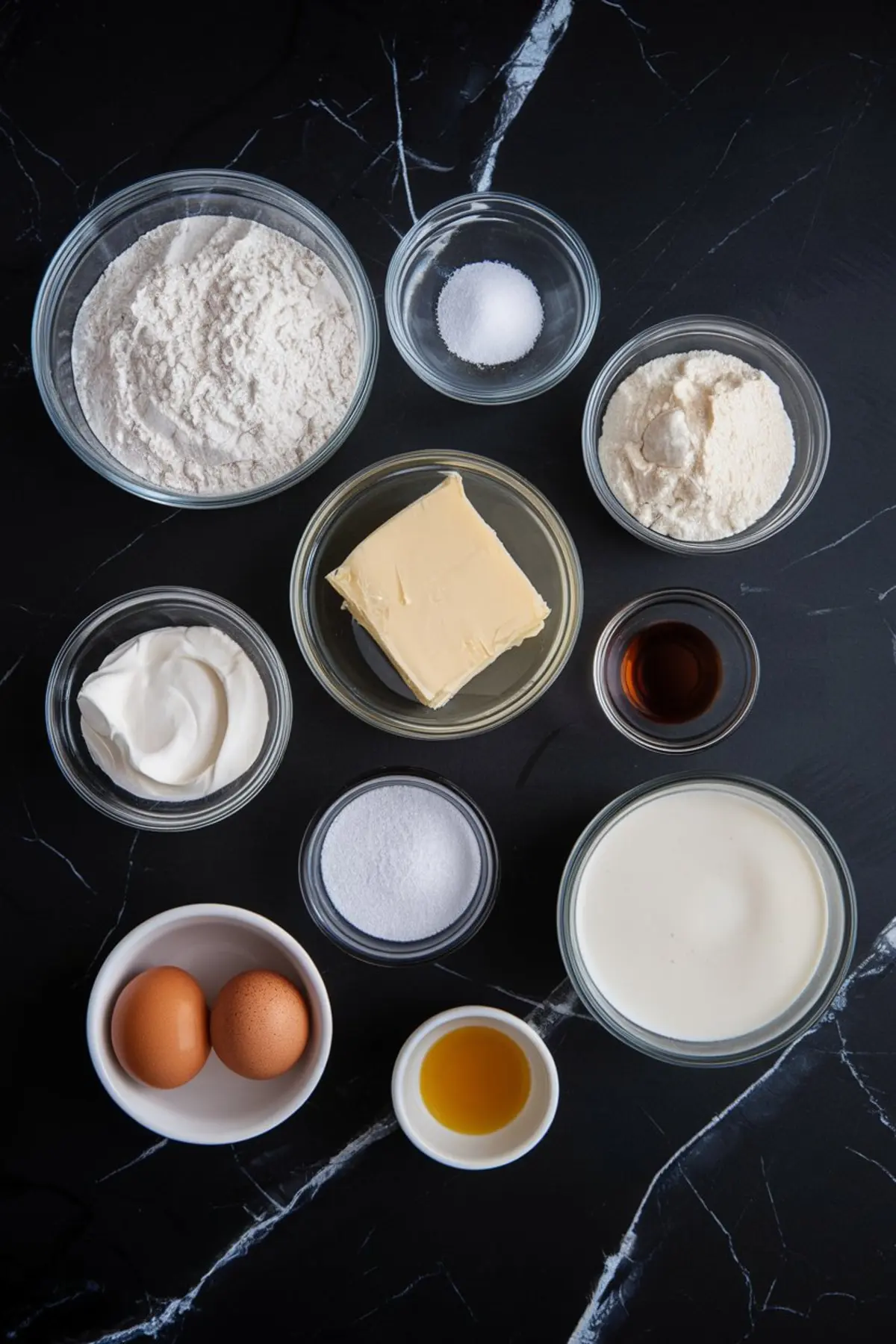 Flat lay of vanilla cupcake ingredients on a black marble surface, including flour, butter, sugar, eggs, sour cream, vanilla extract, milk, baking powder, baking soda, and salt. Baking ingredients preparation for homemade cupcakes.
