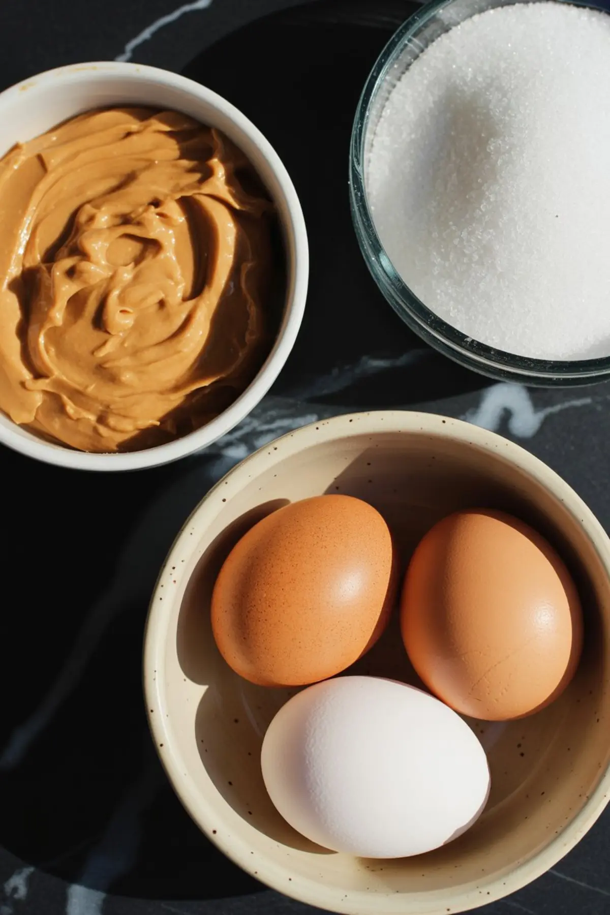 Bowl of creamy peanut butter, white sugar, and three eggs arranged on a dark countertop, showcasing simple baking ingredients.
