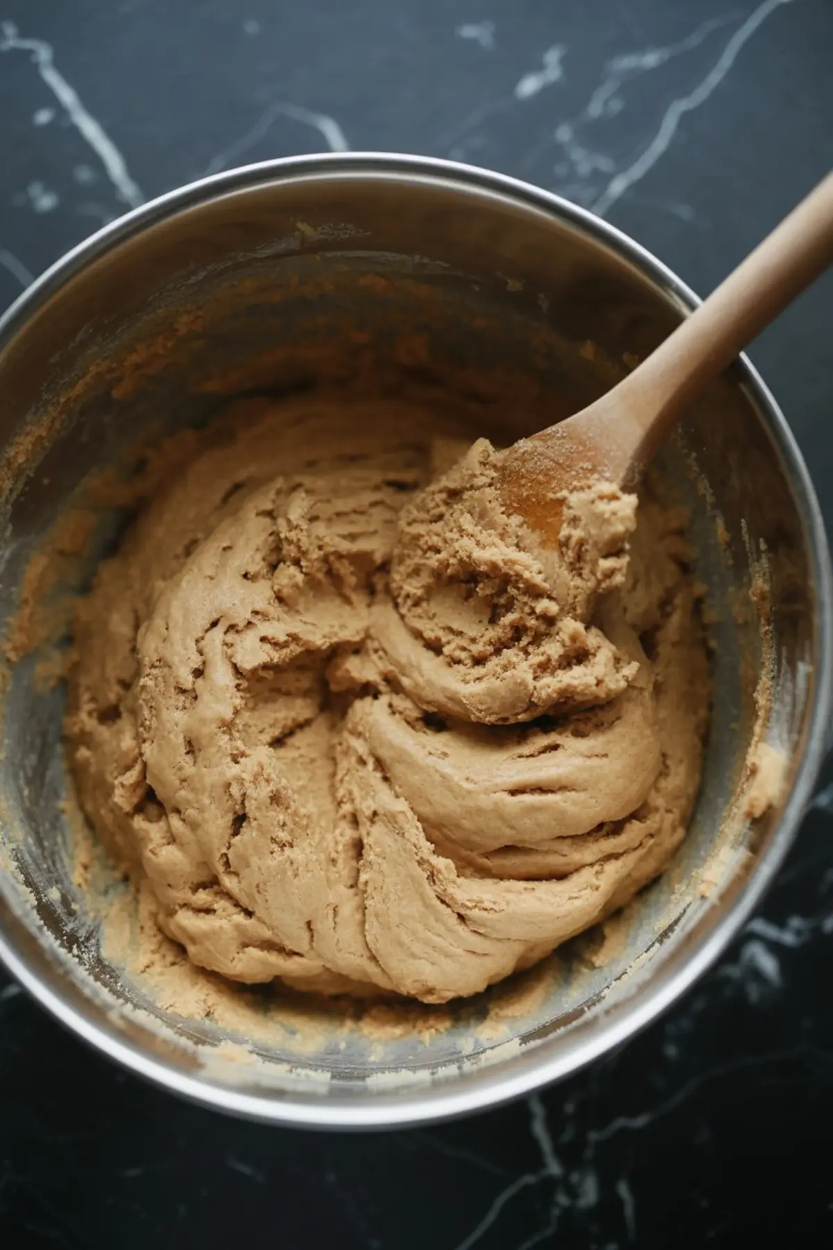 Mixing bowl with peanut butter cookie dough being stirred with a wooden spoon on a black marble surface.