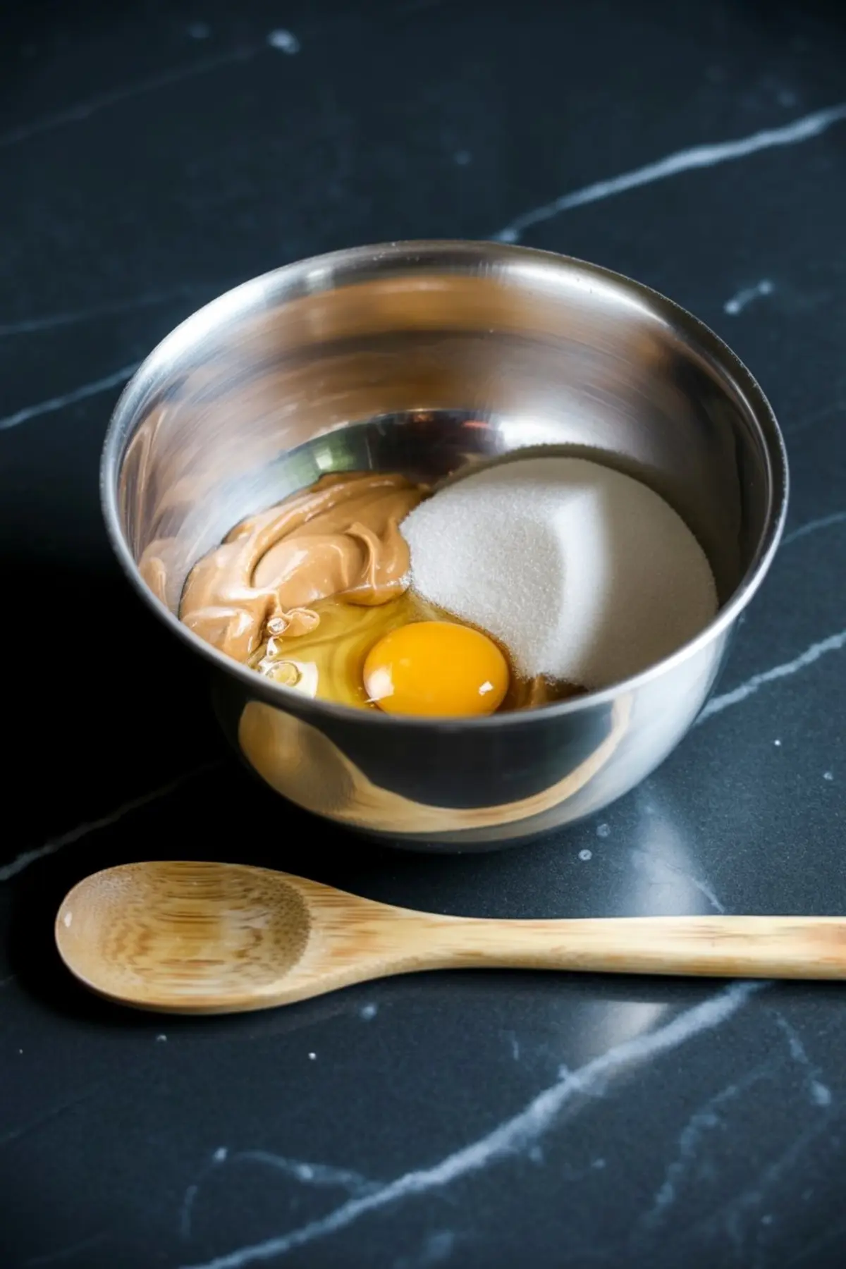 Stainless steel bowl with peanut butter, sugar, and a cracked egg ready to be mixed, placed beside a wooden spoon.