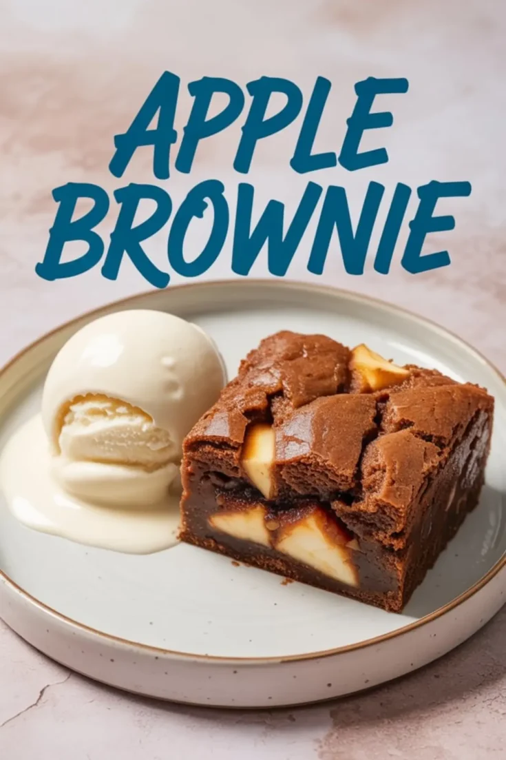 Apple brownie slice served on a white ceramic plate with a scoop of vanilla ice cream, melted slightly around the dessert.