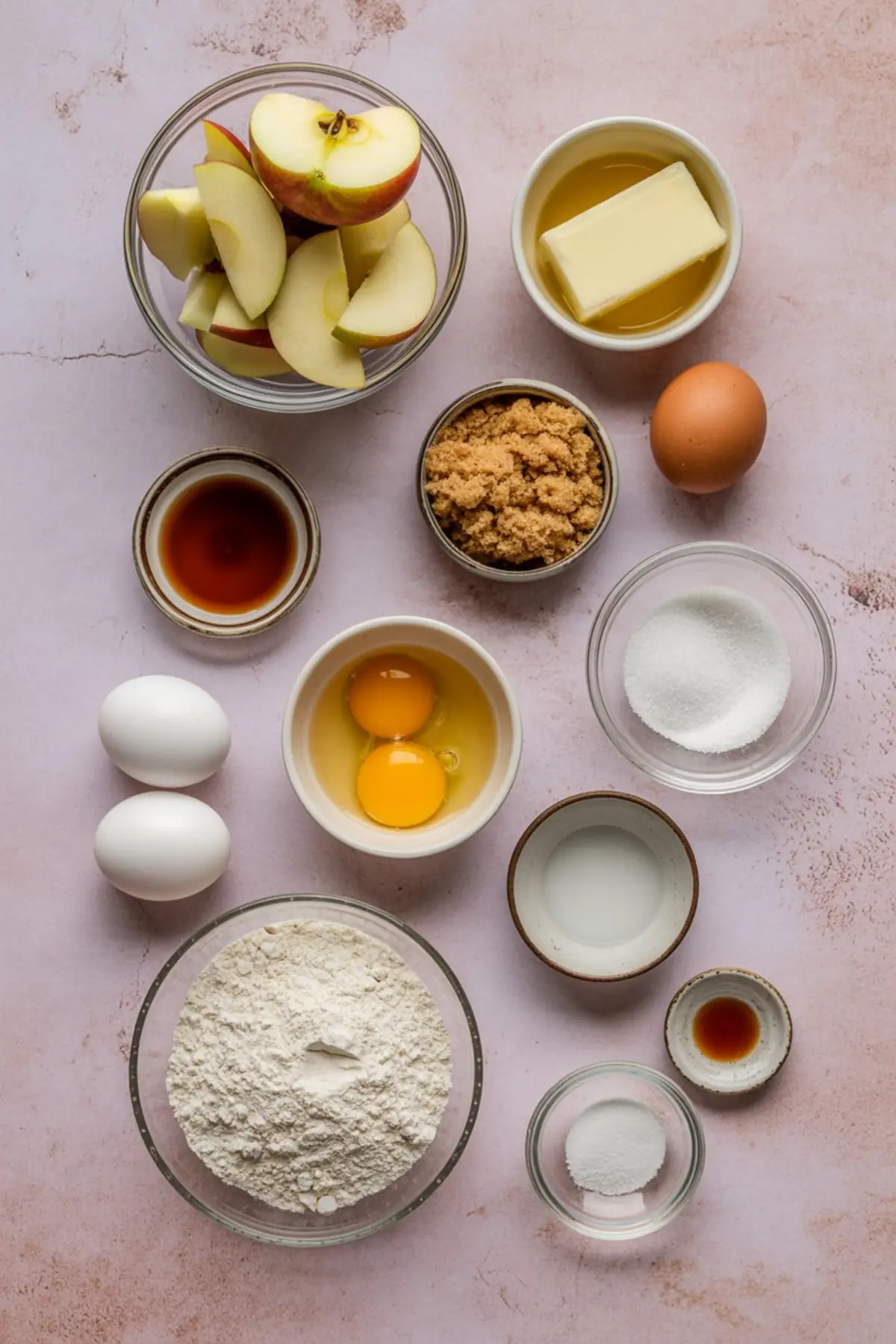 Flat lay of apple brownie ingredients on a pink surface, including sliced apples, butter, brown sugar, eggs, flour, vanilla, and baking powder.