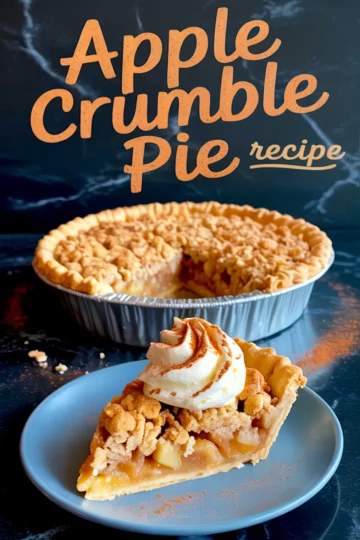 Collage image of a partially eaten apple crumble pie in a round metal pan and a close-up of a slice on a blue plate, topped with whipped cream and dusted cinnamon, with text “Apple Crumble Pie Recipe.”