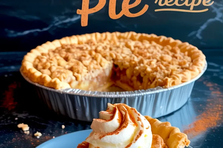 Collage image of a partially eaten apple crumble pie in a round metal pan and a close-up of a slice on a blue plate, topped with whipped cream and dusted cinnamon, with text “Apple Crumble Pie Recipe.”