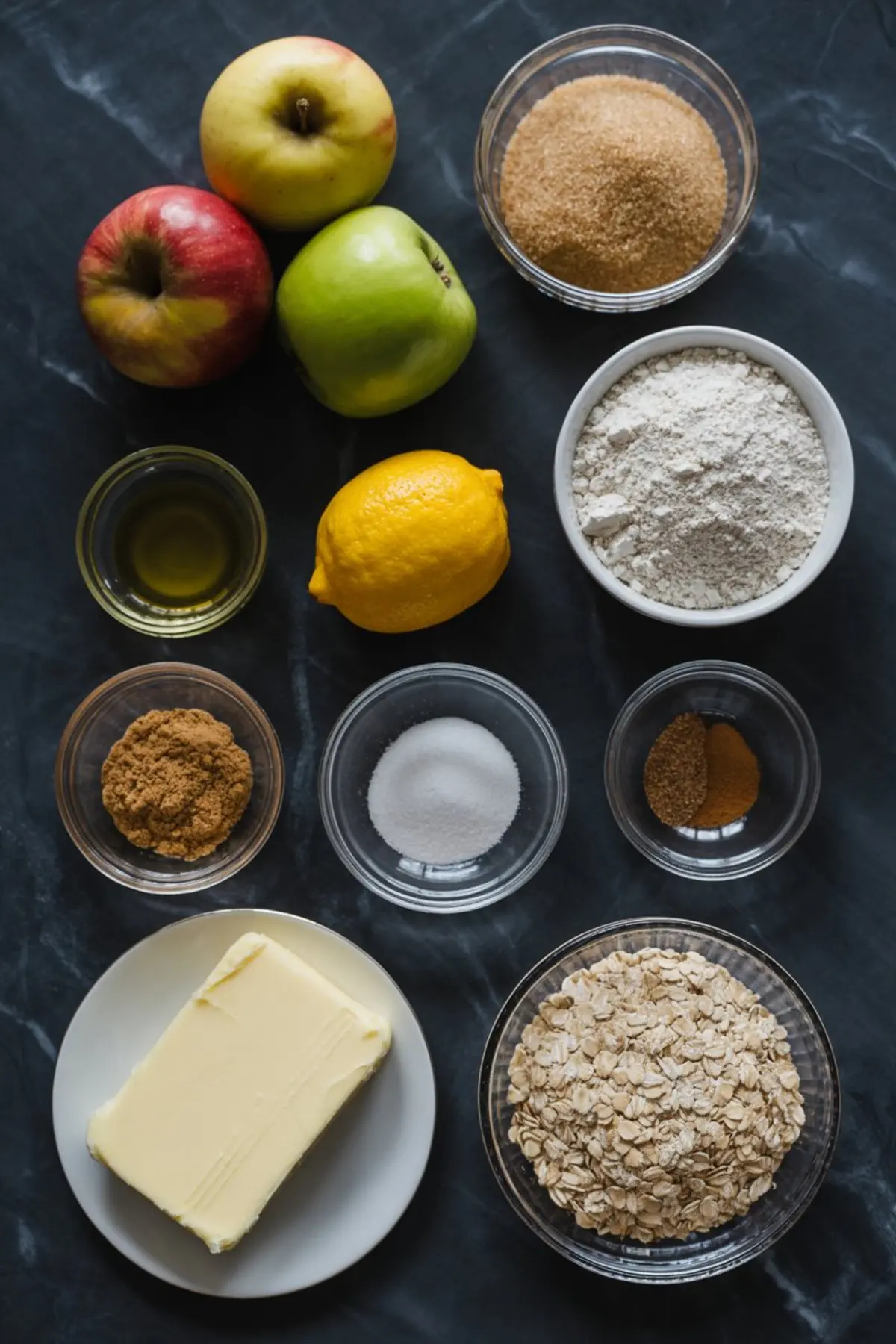 Flat lay of apple crumble pie ingredients on dark surface, including red and green apples, lemon, brown sugar, flour, rolled oats, butter, oil, ground cinnamon, nutmeg, and white sugar in clear bowls.
