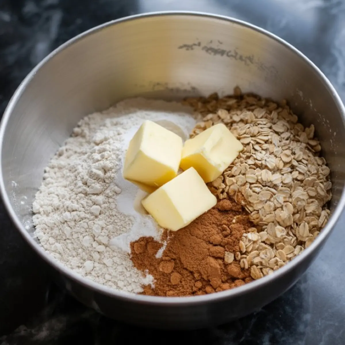 Metal mixing bowl holding flour, rolled oats, cinnamon, sugar, and cubed butter for making crumble topping, set on a black marble surface.