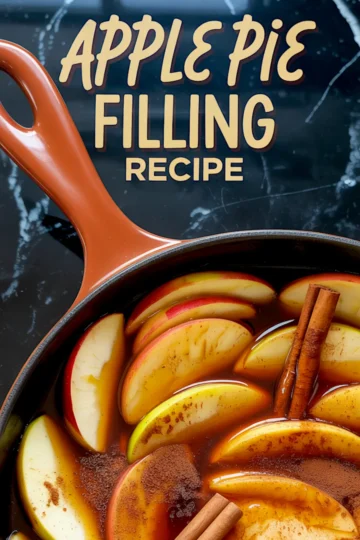 Close-up of a red-handled skillet filled with raw apple slices simmering in spiced brown syrup, topped with cinnamon sticks and dusted with ground cinnamon, beneath bold text reading “Apple Pie Filling Recipe” on a marble background.
