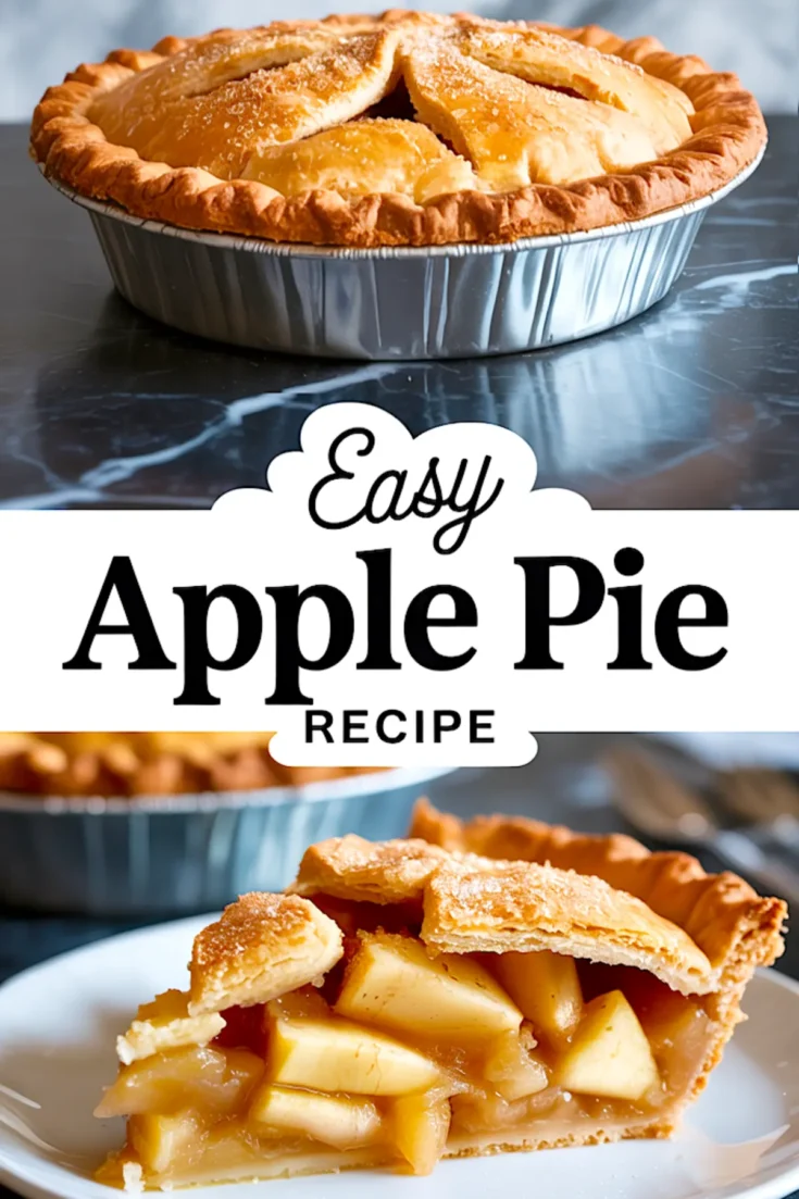 Collage with a side view of a full apple pie in a foil pan topped with a sugar-dusted crust, and a slice on a white plate filled with tender apple chunks and thick syrupy filling, labeled “Easy Apple Pie Recipe.”