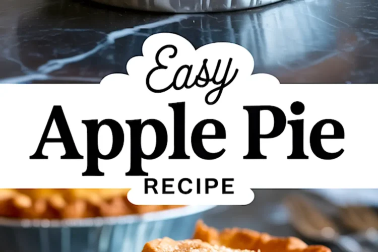 Collage with a side view of a full apple pie in a foil pan topped with a sugar-dusted crust, and a slice on a white plate filled with tender apple chunks and thick syrupy filling, labeled “Easy Apple Pie Recipe.”