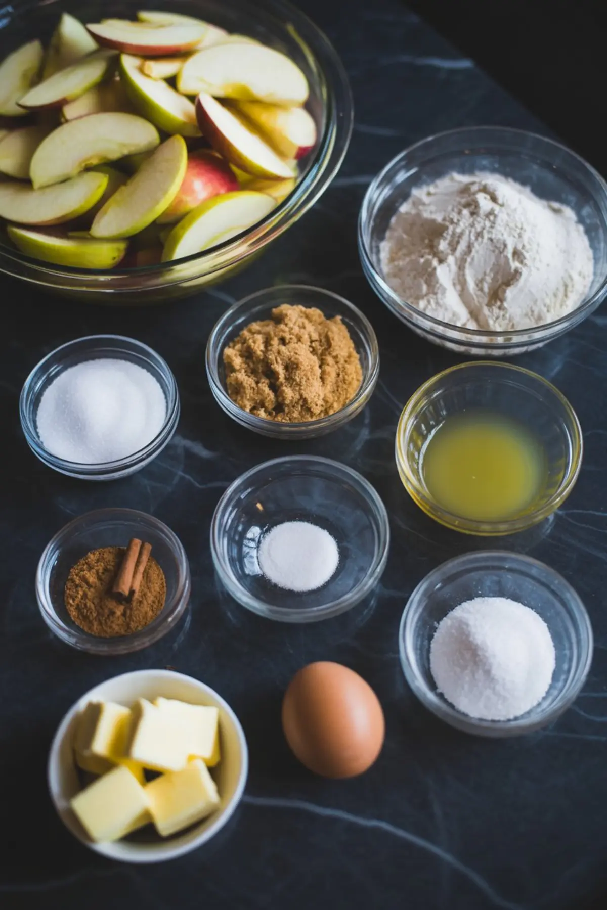 Overhead view of pre-measured apple pie ingredients on a dark counter, including sliced apples, flour, white sugar, brown sugar, cinnamon sticks, butter, lemon juice, salt, and an egg.