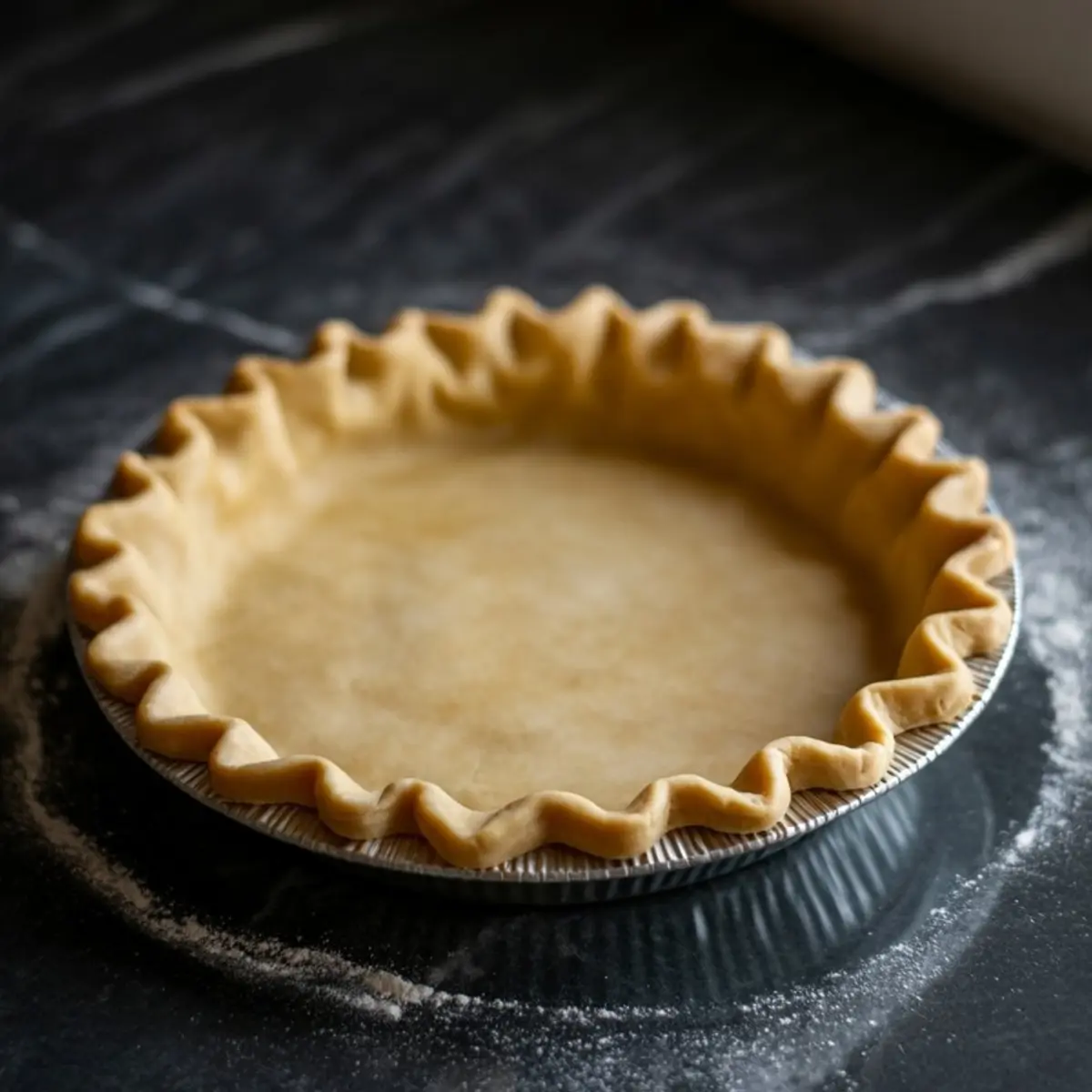 Unbaked pie crust with fluted edges set in a metal pie tin, resting on a lightly floured dark countertop, ideal for homemade pie recipes and baking tutorials.