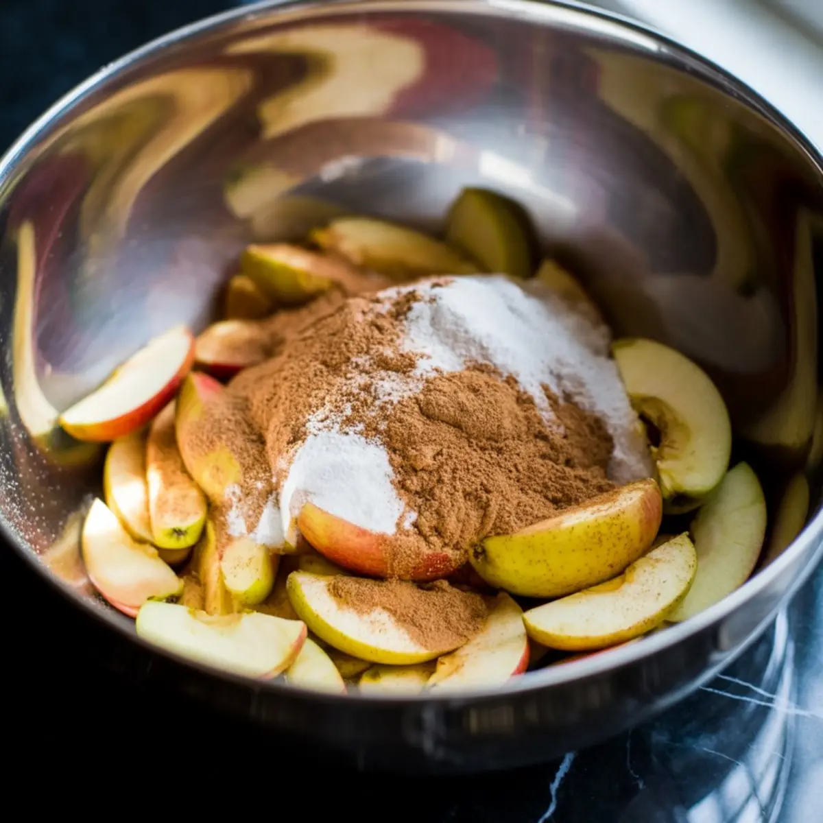 Mixing bowl with sliced apples topped with granulated sugar, brown sugar, and ground cinnamon, showcasing a classic apple pie filling preparation.