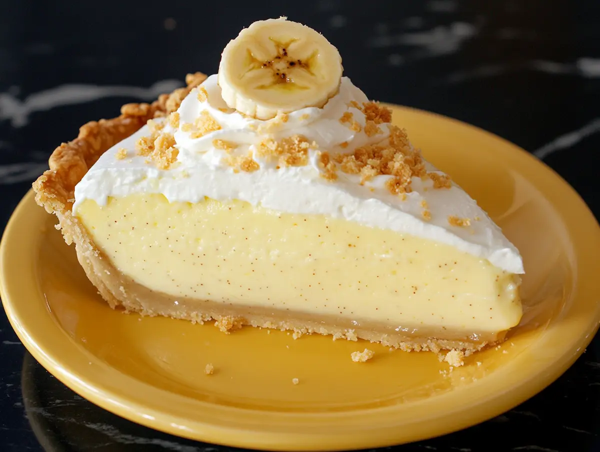 Close-up of a banana cream pie slice on a yellow plate, topped with whipped cream, banana slice, and crumbled cookie garnish over a smooth custard filling.