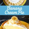 Collage with a full banana cream pie decorated with banana slices and whipped topping, along with a close-up of a slice displaying layers of custard, whipped cream, and flaky crust.