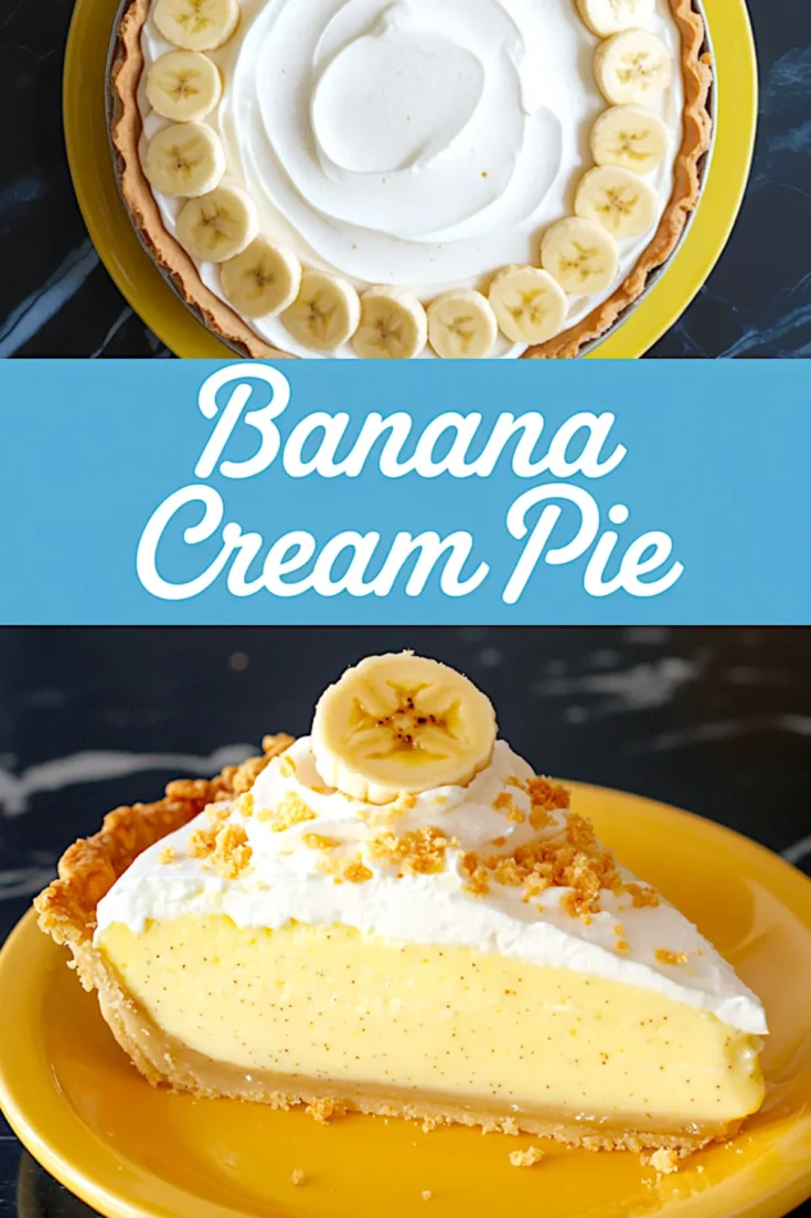 Collage with a full banana cream pie decorated with banana slices and whipped topping, along with a close-up of a slice displaying layers of custard, whipped cream, and flaky crust.