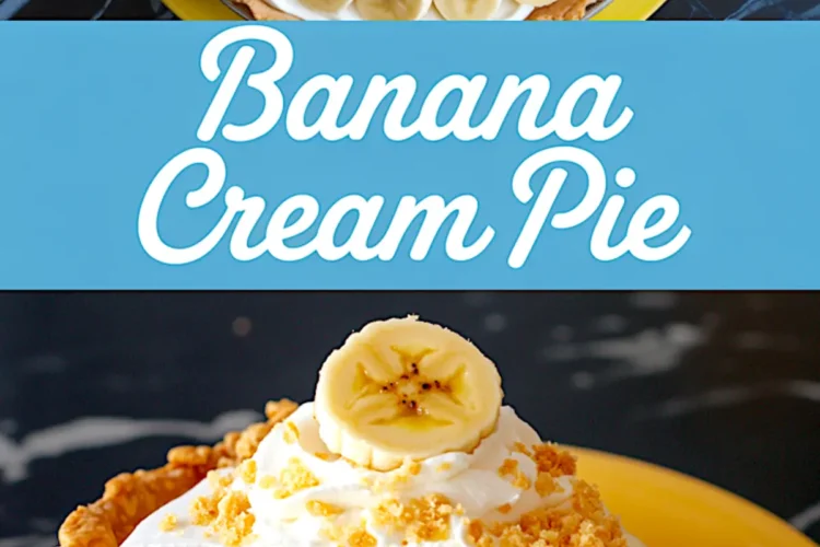 Collage with a full banana cream pie decorated with banana slices and whipped topping, along with a close-up of a slice displaying layers of custard, whipped cream, and flaky crust.