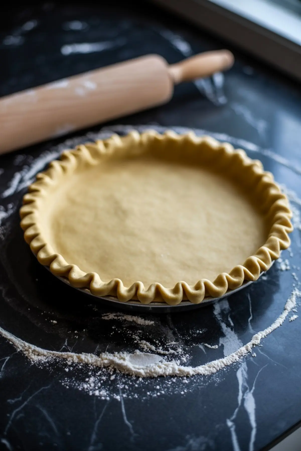 Unbaked pie crust with crimped edges in a metal pan on a floured black marble surface, with a wooden rolling pin in the background.