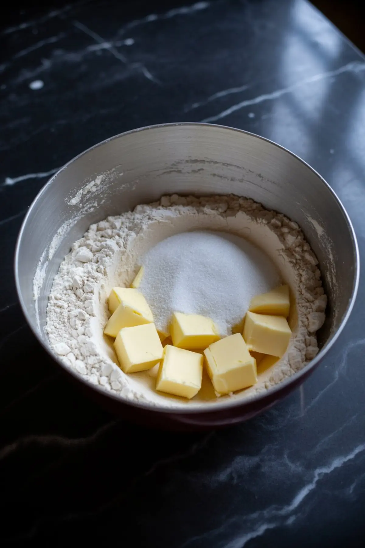 Metal mixing bowl filled with flour, granulated sugar, and cubed butter, ready to be combined into a pastry dough on a dark countertop.