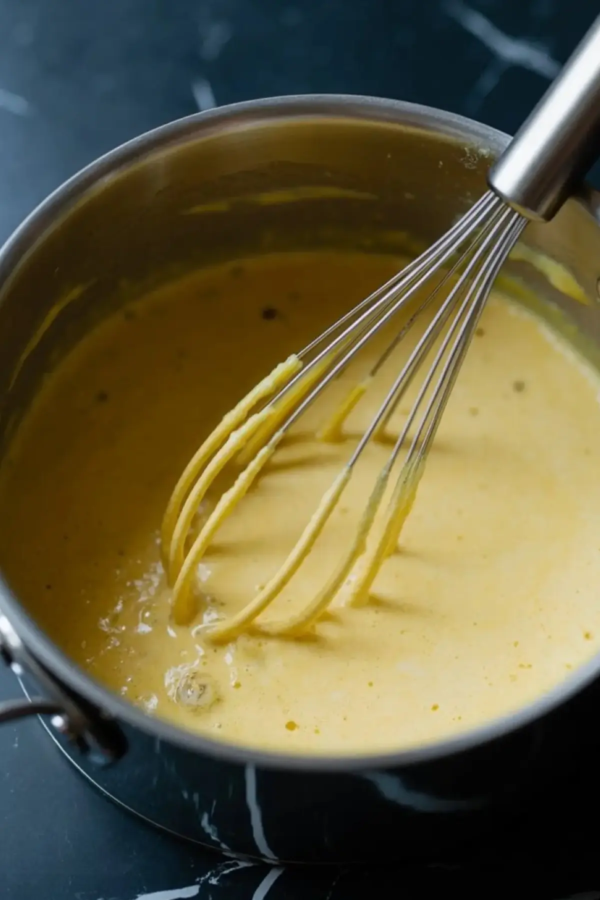 Saucepan with a thick banana custard filling being whisked until smooth, with flecks of vanilla bean visible in the creamy yellow mixture.