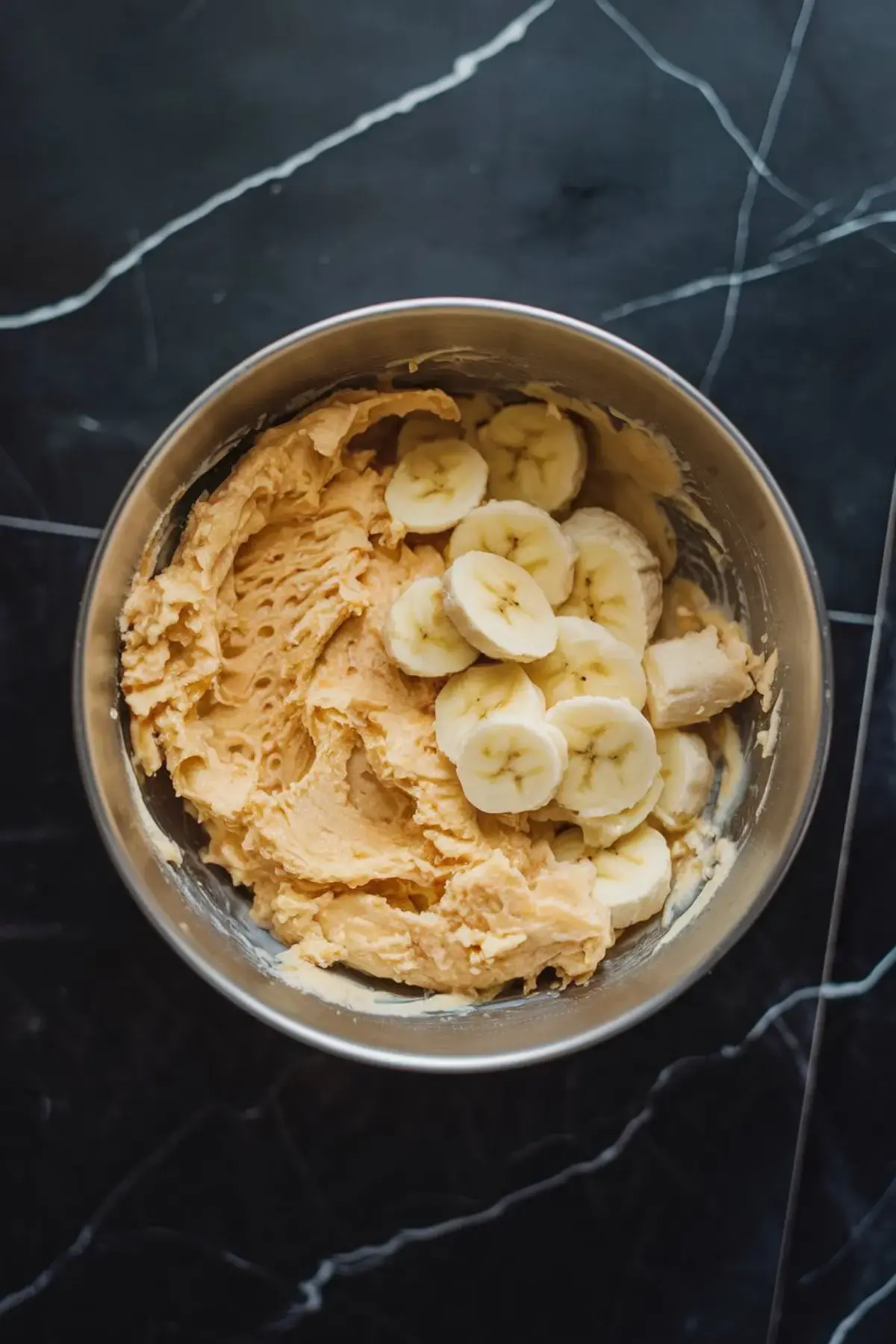 Sliced bananas added to creamy batter in a metal mixing bowl, set on a dark marble surface, ready to be combined for banana cupcake batter.
