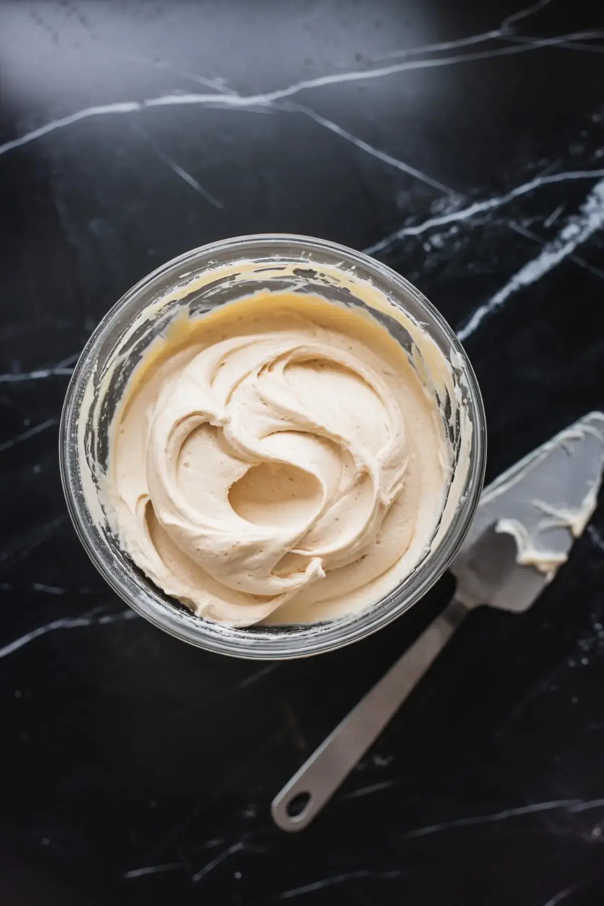 Smooth banana cupcake frosting swirled in a glass bowl, displayed next to a metal spatula on a black marble surface.