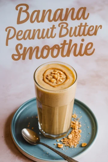 Tall glass of banana peanut butter smoothie on a blue plate, topped with chopped peanuts and a swirl of peanut butter, surrounded by scattered crushed peanuts and a silver spoon on a light marble surface with large text above.