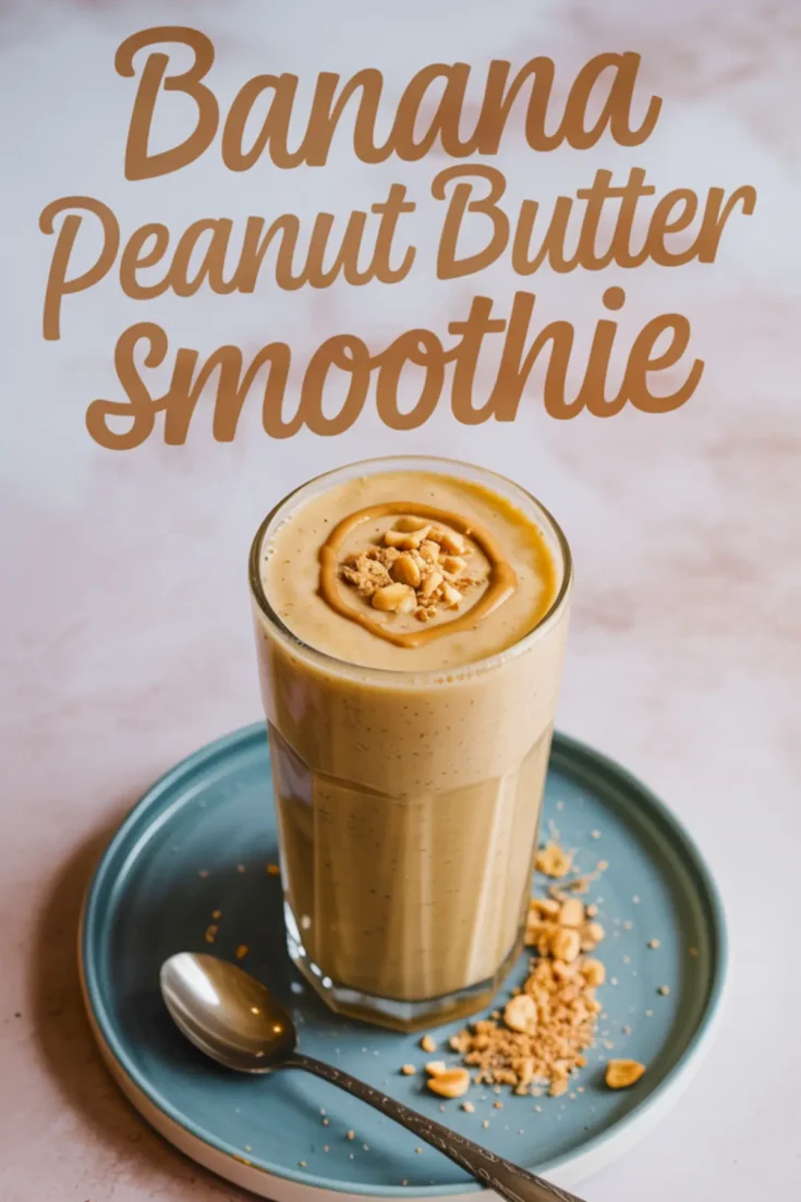 Tall glass of banana peanut butter smoothie on a blue plate, topped with chopped peanuts and a swirl of peanut butter, surrounded by scattered crushed peanuts and a silver spoon on a light marble surface with large text above.