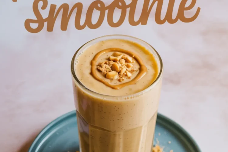 Tall glass of banana peanut butter smoothie on a blue plate, topped with chopped peanuts and a swirl of peanut butter, surrounded by scattered crushed peanuts and a silver spoon on a light marble surface with large text above.