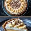 Collage showing a whole banoffee pie topped with sliced bananas and chocolate shavings in the top view, and a close-up of a single slice revealing layers of toffee, whipped cream, and bananas in the bottom view.