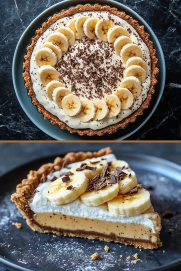 Collage showing a whole banoffee pie topped with sliced bananas and chocolate shavings in the top view, and a close-up of a single slice revealing layers of toffee, whipped cream, and bananas in the bottom view.