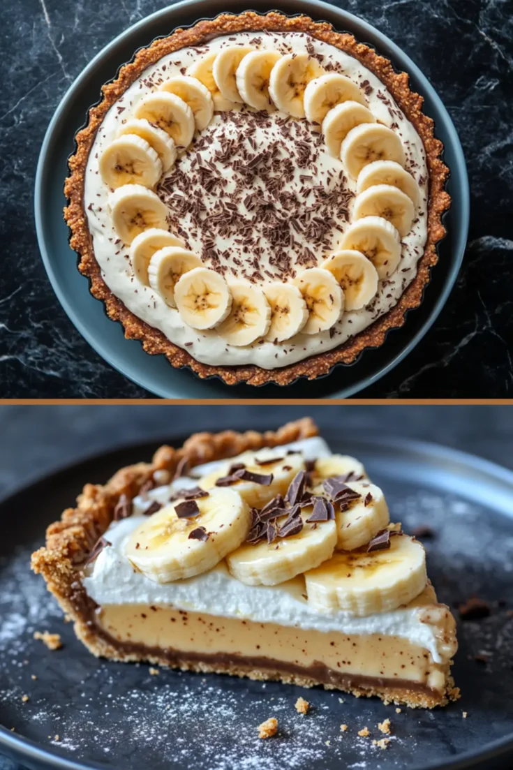Collage showing a whole banoffee pie topped with sliced bananas and chocolate shavings in the top view, and a close-up of a single slice revealing layers of toffee, whipped cream, and bananas in the bottom view.