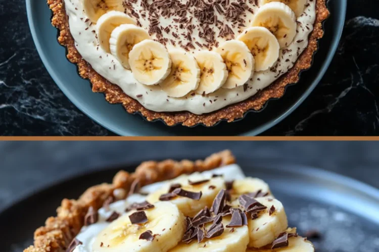 Collage showing a whole banoffee pie topped with sliced bananas and chocolate shavings in the top view, and a close-up of a single slice revealing layers of toffee, whipped cream, and bananas in the bottom view.