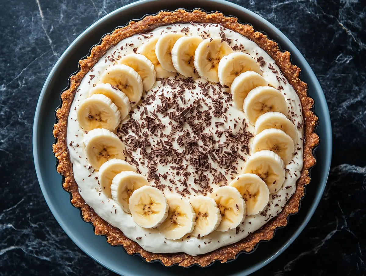 Overhead view of a freshly assembled banoffee pie in a round tart pan, topped with whipped cream, banana slices, and finely grated chocolate on a dark background.

